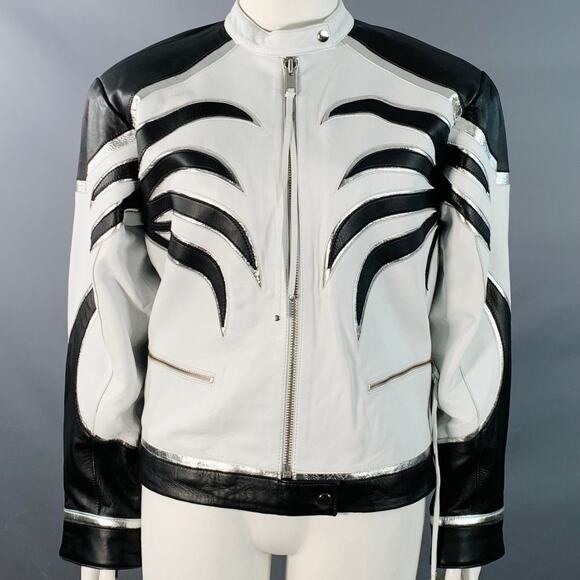 RETROFETE Size L Black White Silver Leather Padded Shoulders Zip Up Jacket - Picture 1 of 6
